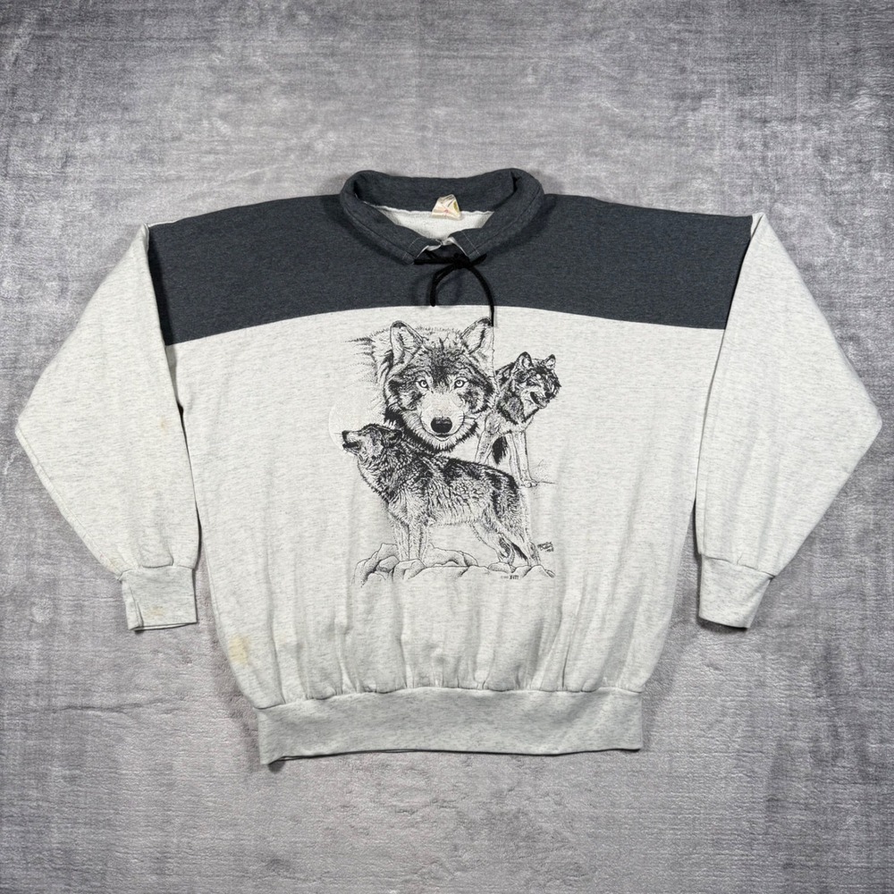 Vintage Nature Sweatshirt Men XL Grey Vintage 1992 Wolf Lace Up Mock Neck Canada